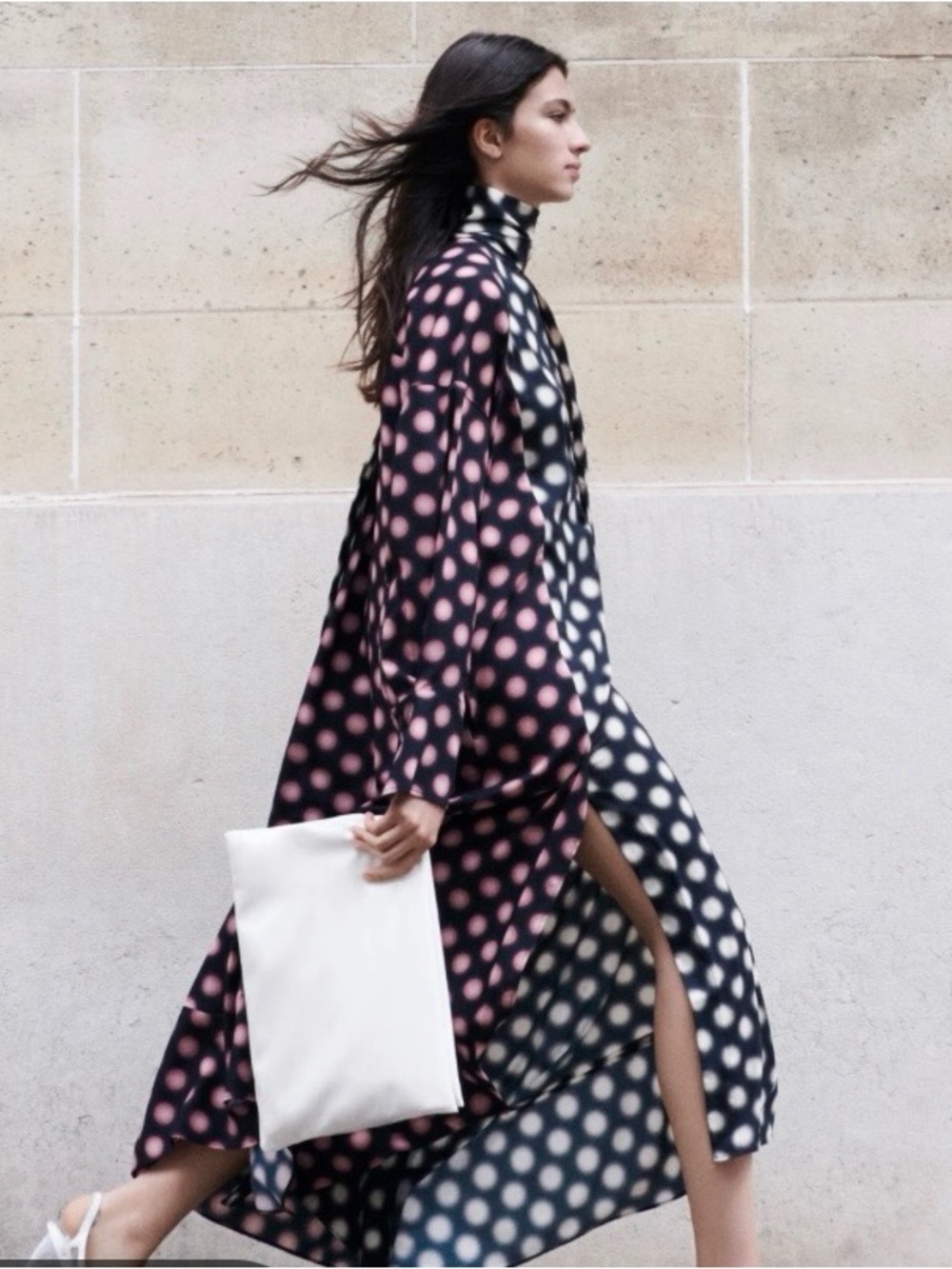 H & M Studio Polka Dot Long Sleeve Maxi Dress with Tie Neck